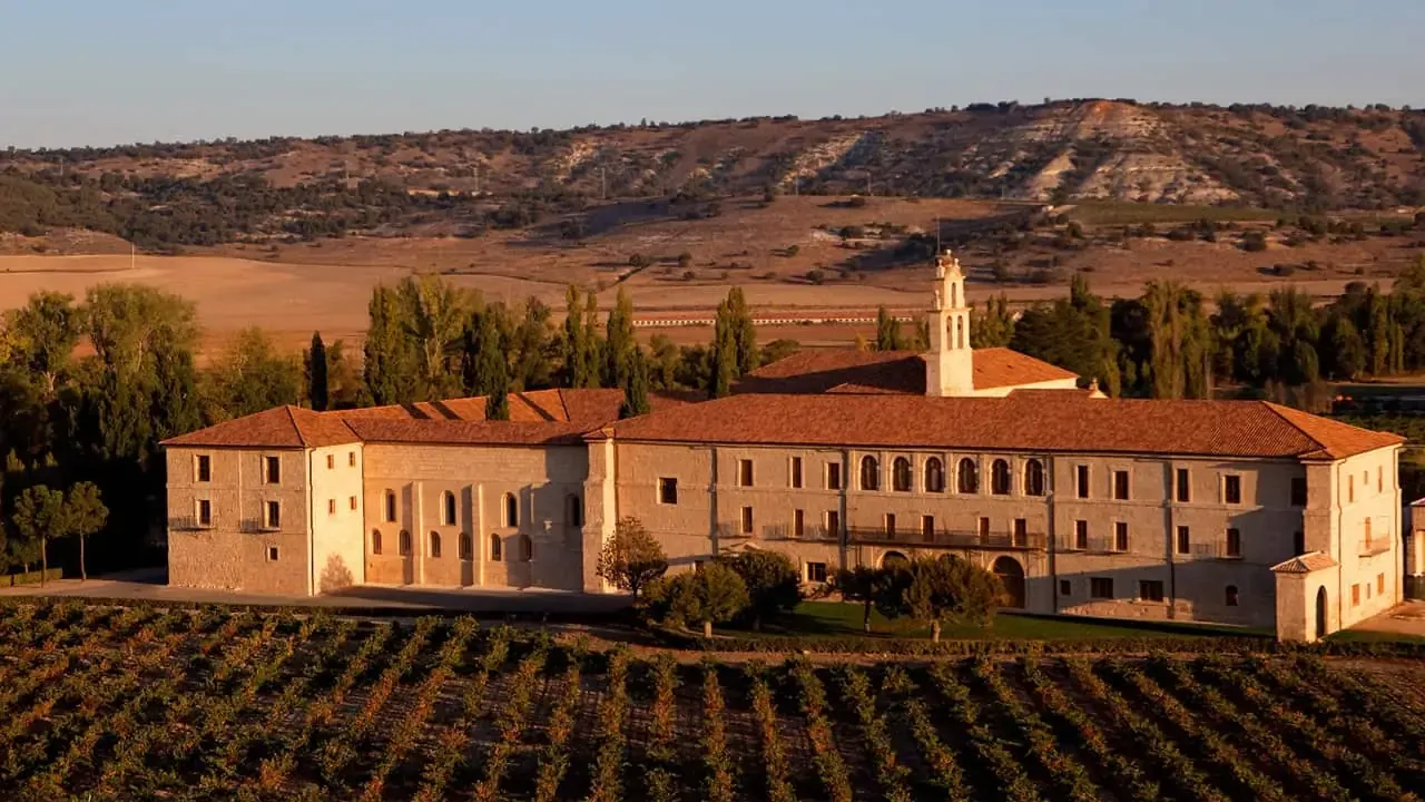 The abbey from above in evening light: long ranges of pale stone under tiled roofs and a bell tower, among poplars and pines, with rows of vines in front and bare hills behind