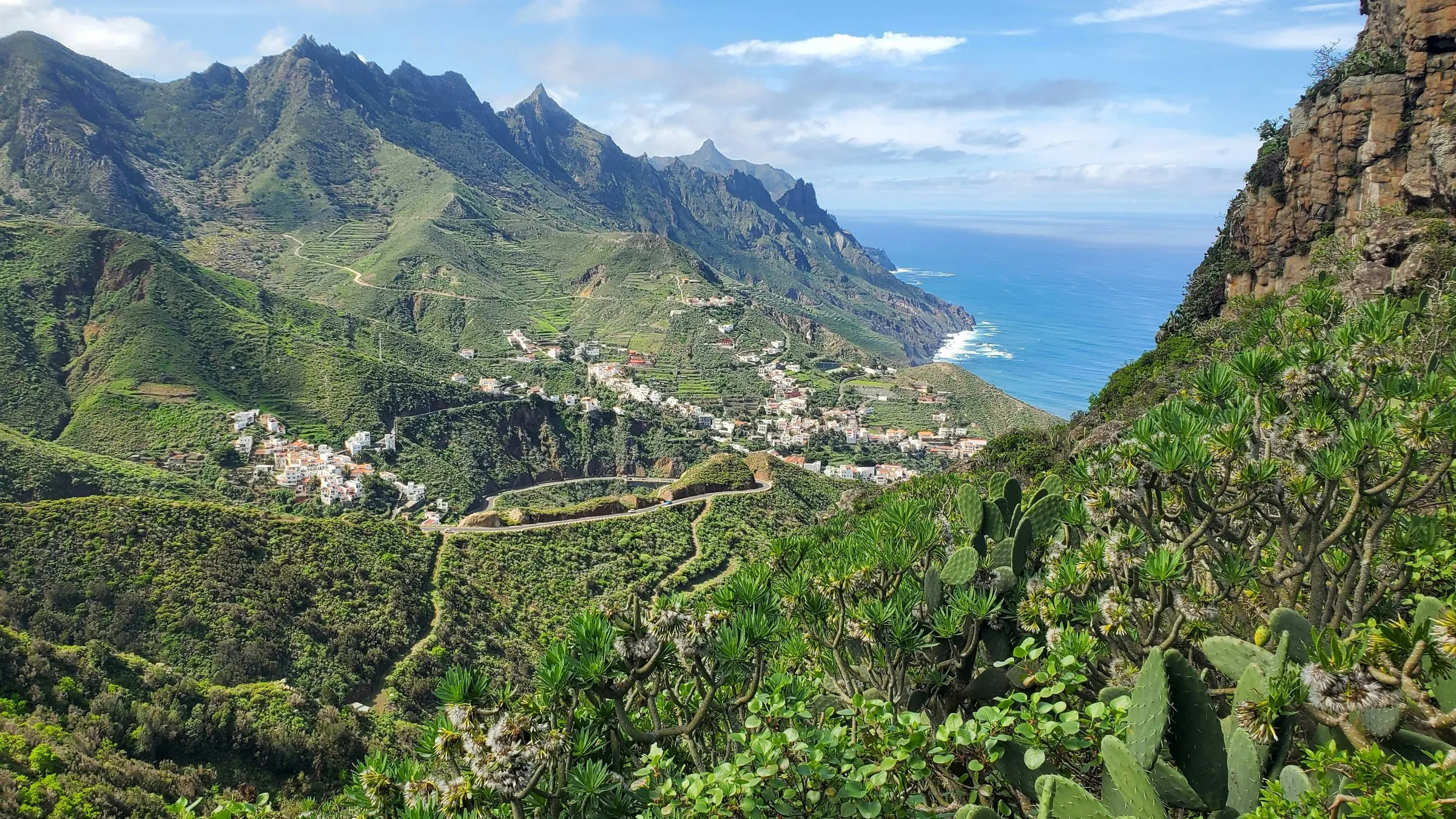 The white houses of Taganana spread down a green, terraced valley below the jagged peaks of the Anaga massif, with the Atlantic breaking on the coast to the right