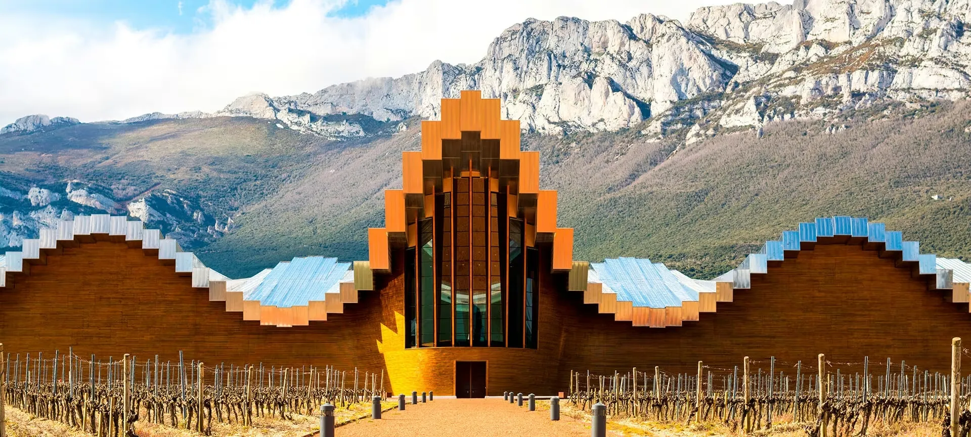 Bodegas Ysios beneath the limestone cliffs of the Sierra de Cantabria: a long timber-clad building under a rippling roof of steel that rises to a stepped crest over a tall glazed entrance, with bare winter vines on either side of the drive