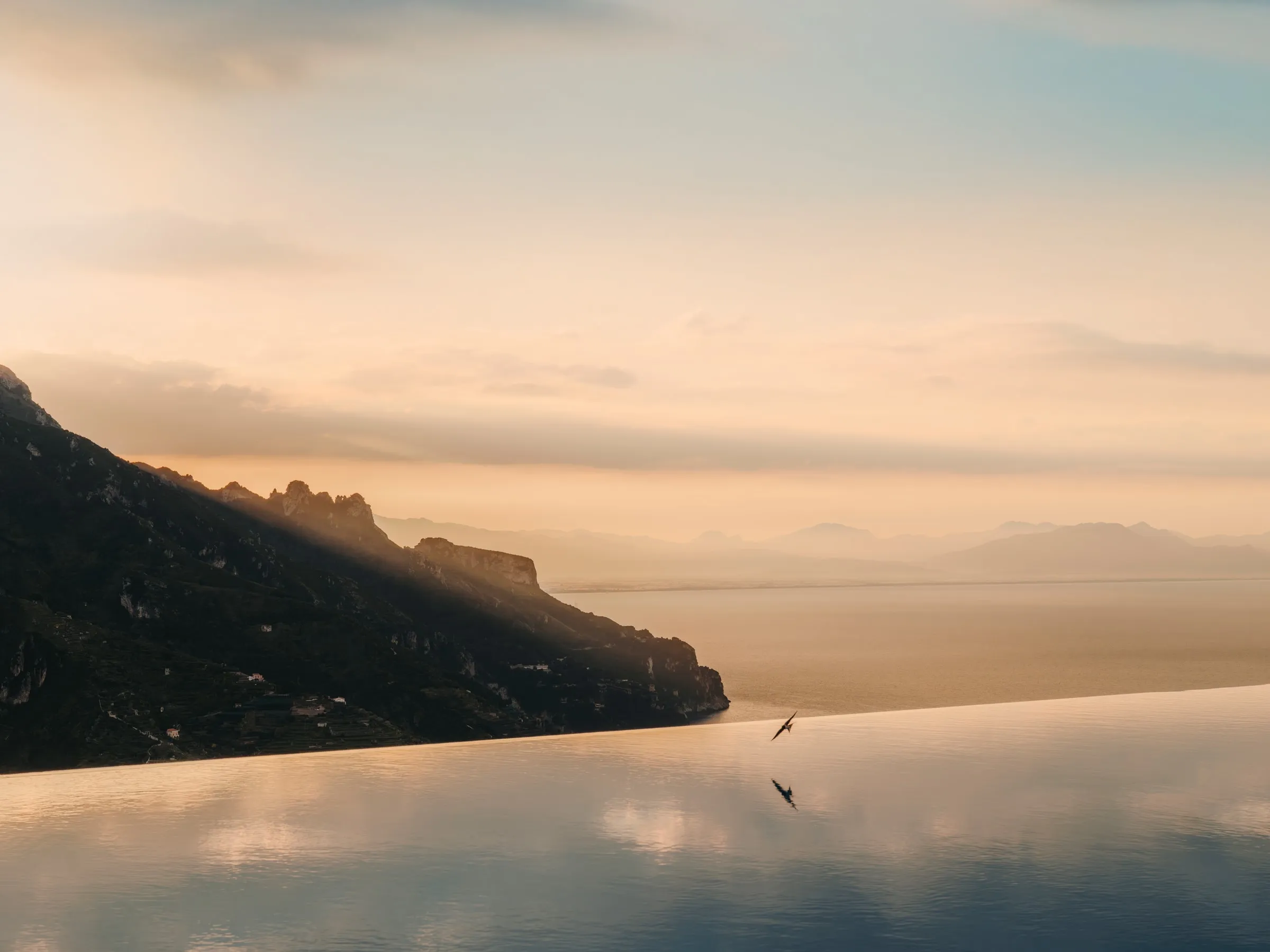 The pool's infinity edge at first light, seen as a sheet of pale water against the sea: the dark ridge of the coast falling to a headland at left, the mountains across the gulf in haze, a peach-and-grey sky, one swallow over the edge with its reflection in the