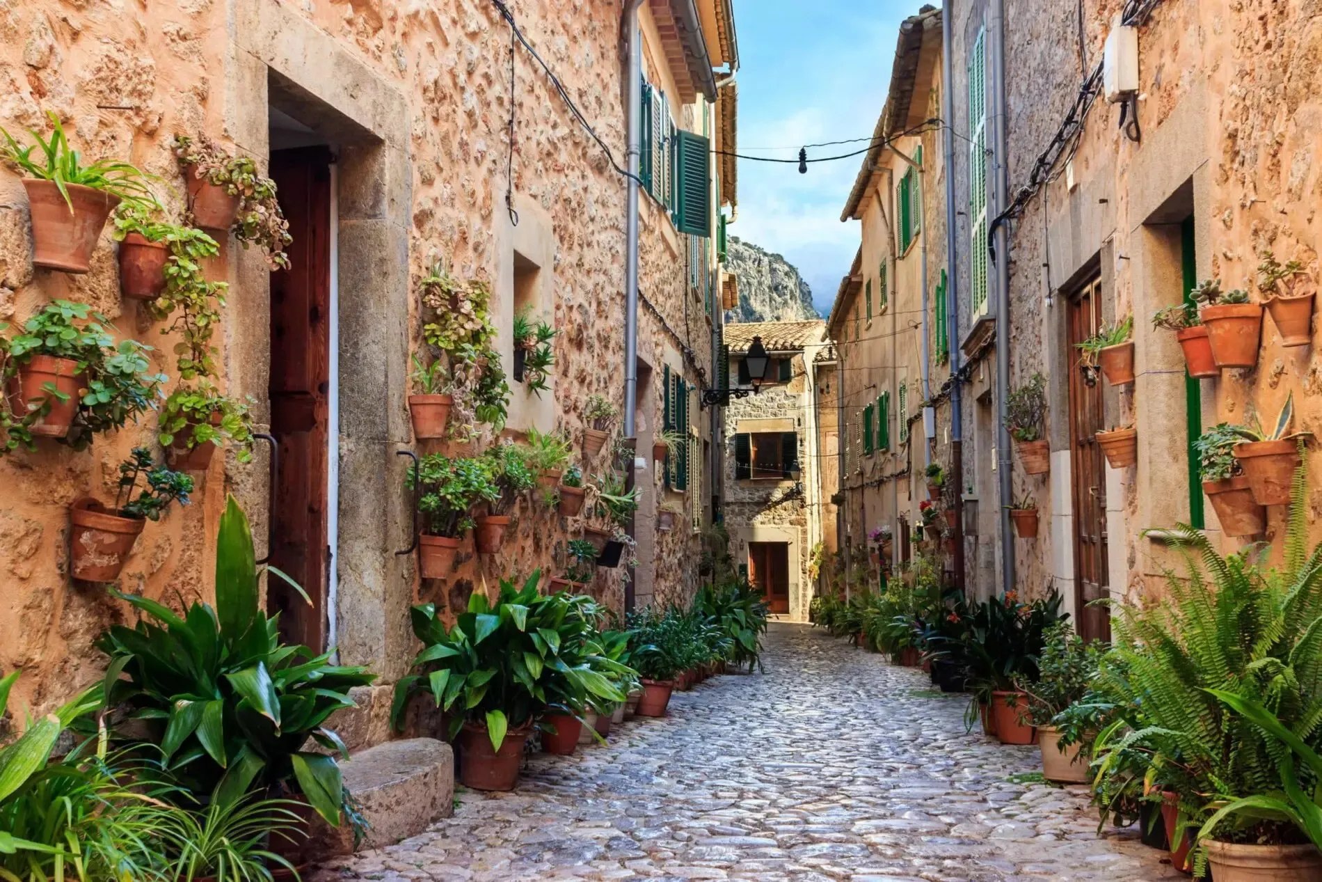 A cobbled lane in Valldemossa between honey-coloured stone houses with green shutters, pots of plants hung on the walls and lined along the street, a mountain beyond