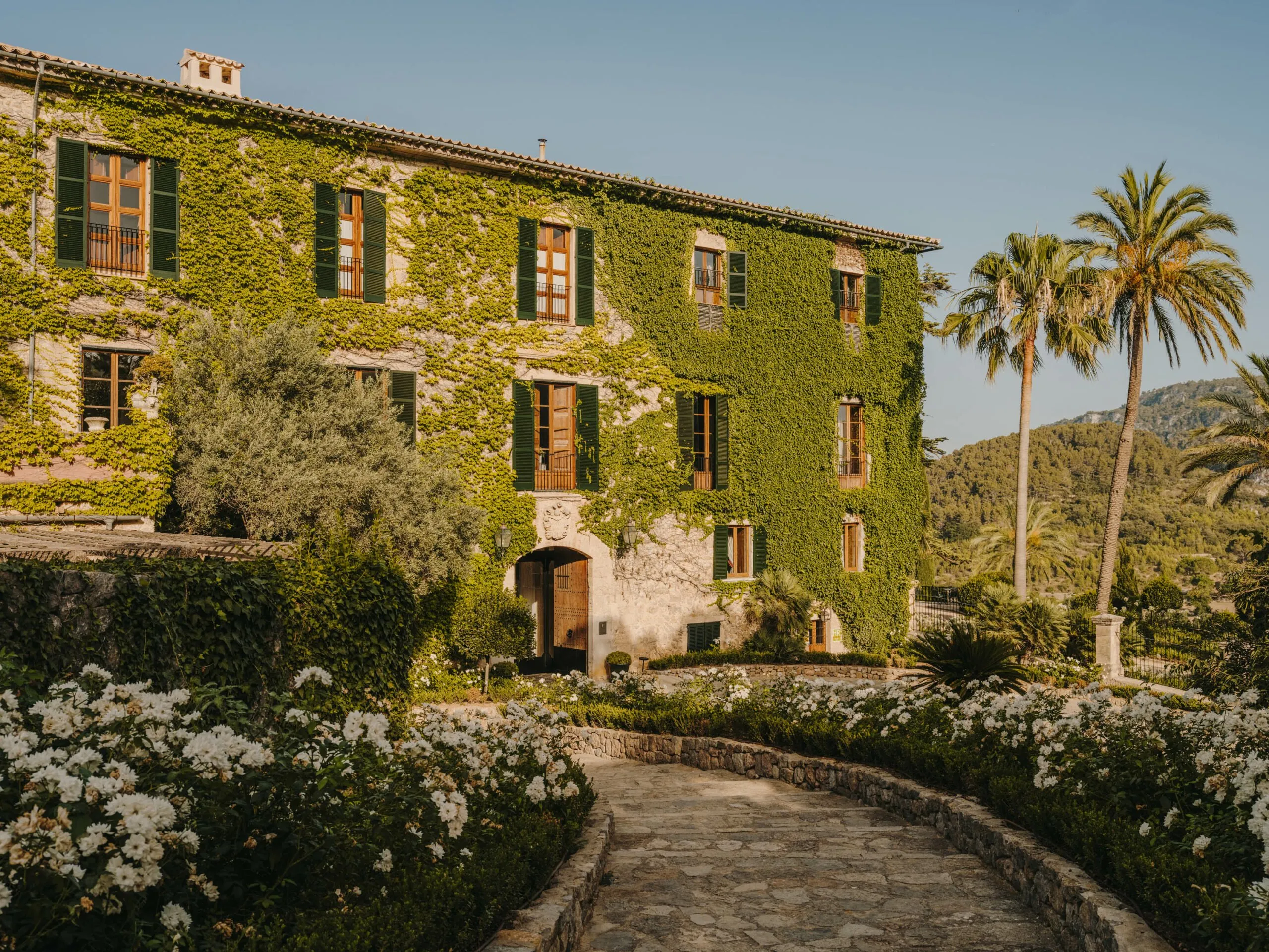 Ivy-covered stone façade of Grand Hotel Son Net with green shutters, behind a stone path through white flowers, with palms and wooded hills beyond