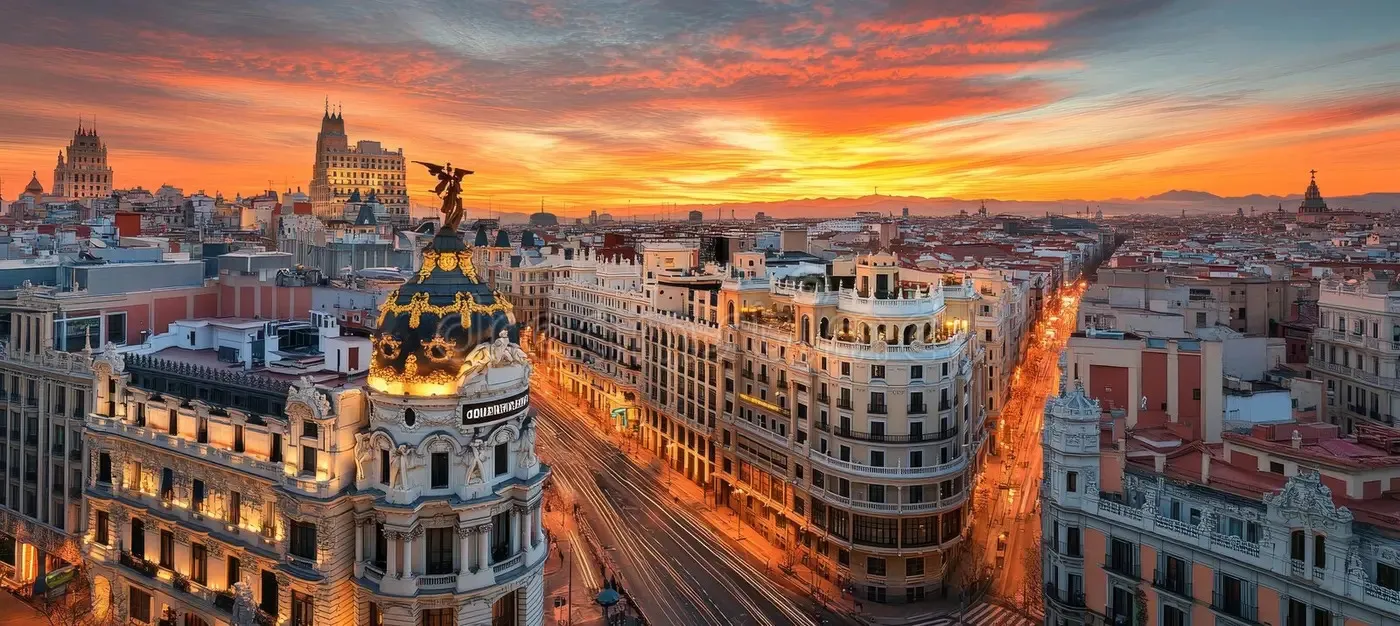 The Gran Vía at sunset from high above, a domed corner building topped by a winged statue on the left and the avenue's lit façades running away under a fiery orange sky