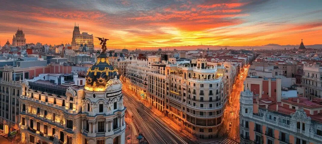 The Gran Vía in central Madrid at sunset, its early-twentieth-century facades running away down the street