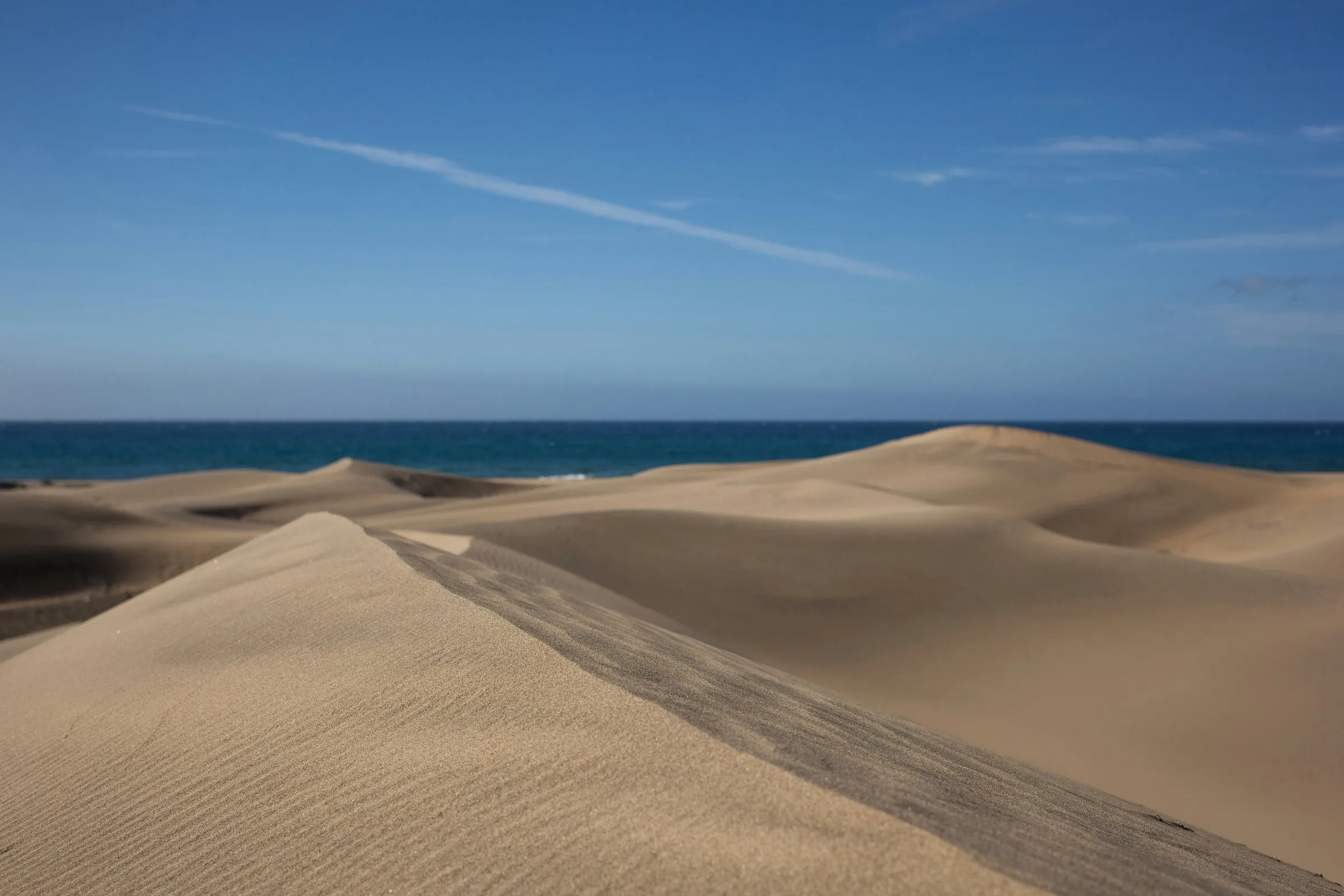 Pale sand dunes with wind ripples and a sharp crest in the foreground, the dark blue Atlantic beyond them under a clear sky