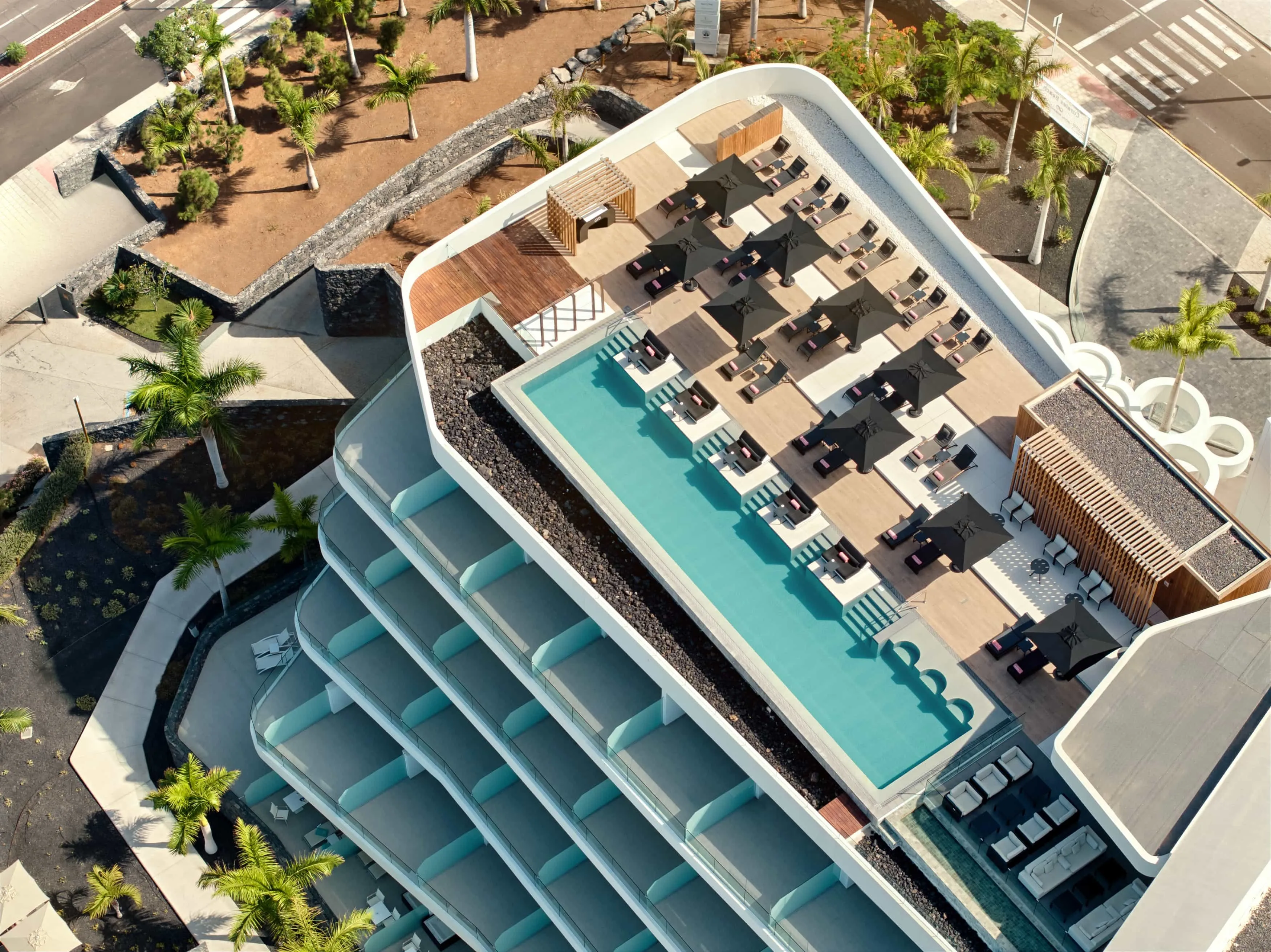 The hotel's roof seen from straight above: a long turquoise infinity pool, rows of loungers under dark parasols on a timber deck, and the building's curved white terraces stepping down beside it, with palms and the road below