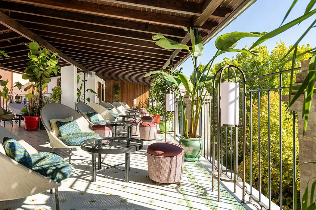 The rooftop terrace at Seda Club, with tub chairs and potted palms under a timber roof