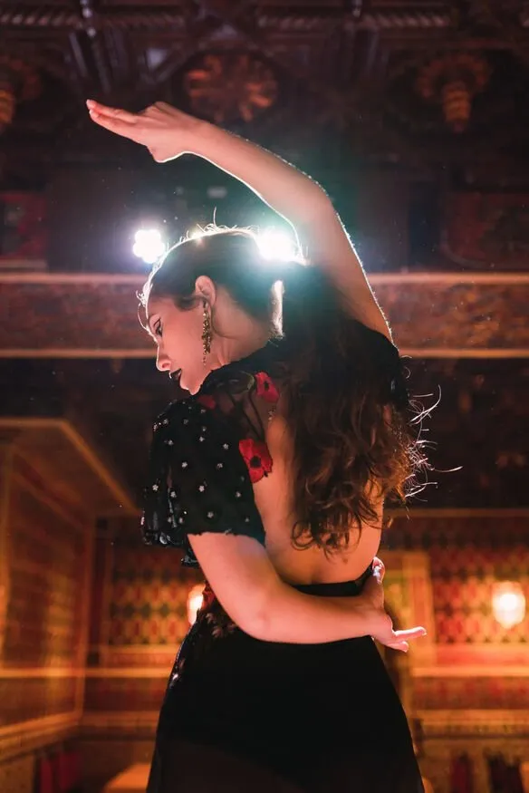 A flamenco dancer in a black dress embroidered with red flowers, one arm raised over her head, lit from behind beneath a carved and painted ceiling