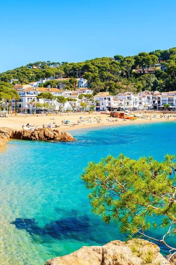 A small cove of clear turquoise water below pine trees, a curve of sand with sunbathers and a row of white houses on the wooded hillside behind